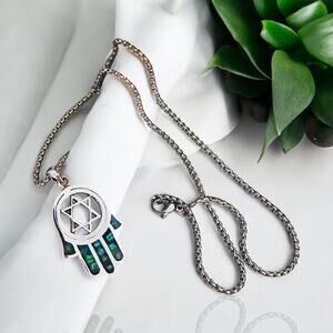 Sterling Silver Hamsa Pendant with Lab Opal & Star of David